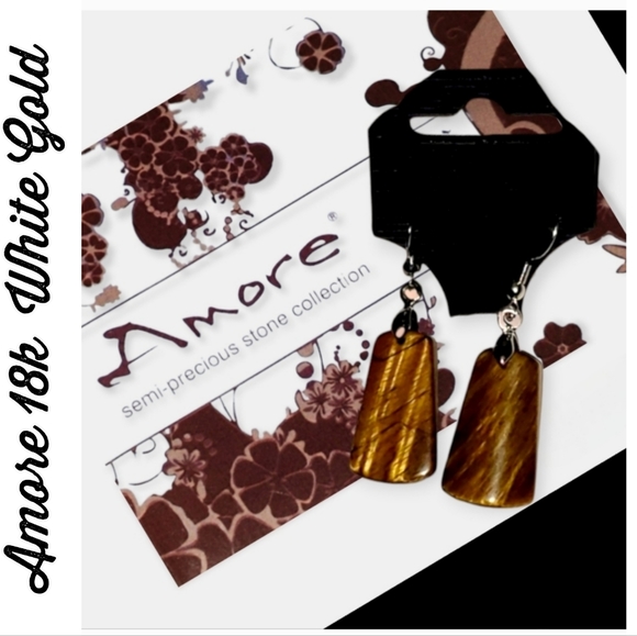 Genuine Tiger's Eye Stone Earrings with 18k White Gold Jewelry Clasp - Picture 8 of 10